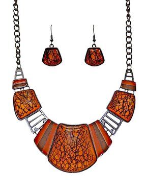 Orange Statement Necklace Earrings Set Women Colorful Acrylic Bold Bib Neck New